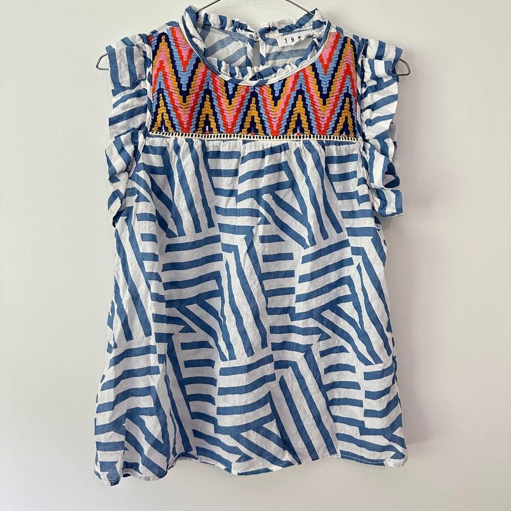 THML boho embroidered chevron blouse striped ruffle Women Small